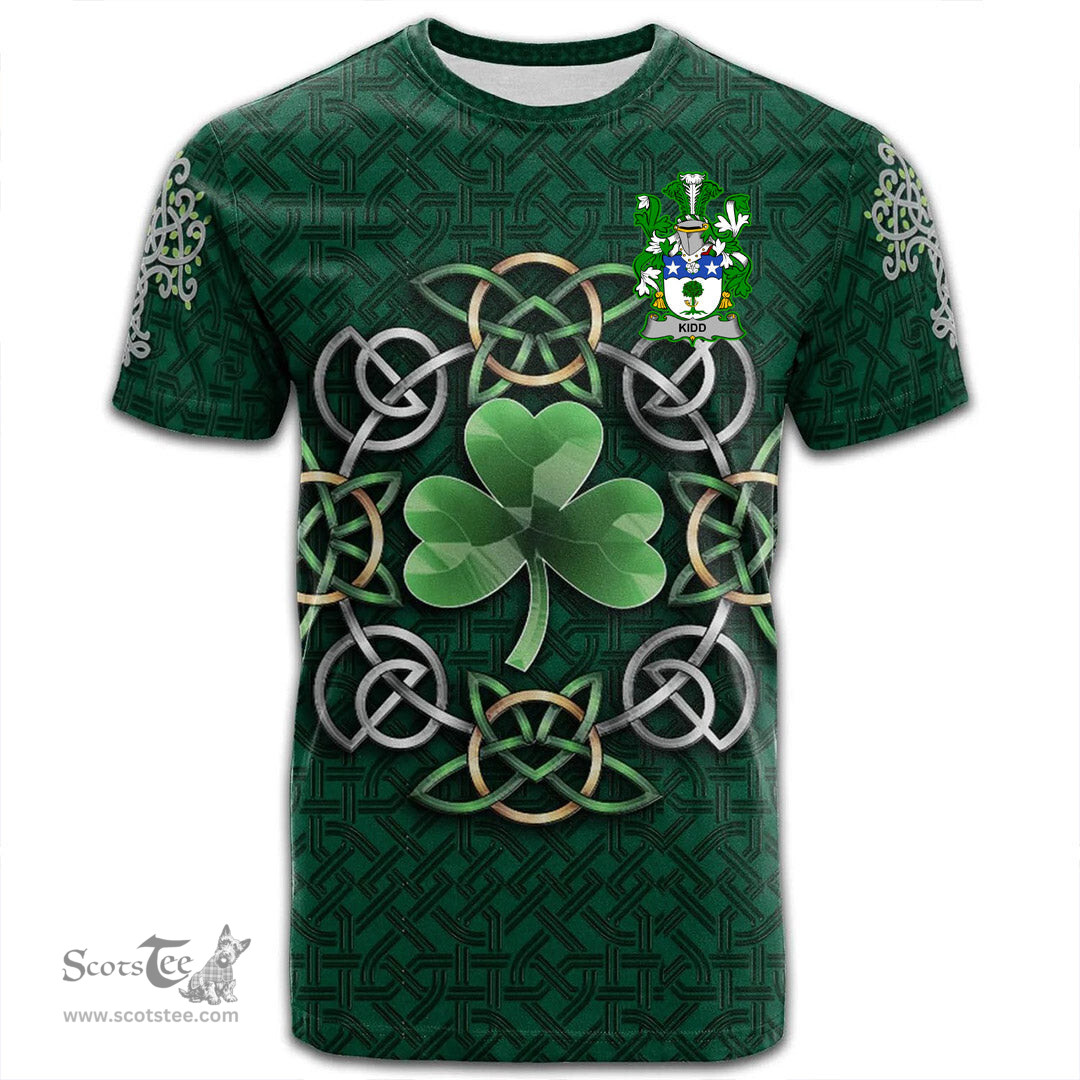 ScotsTee Shop Irish Kidd Coat of Arms Irish Crest T Shirt Irish Shamrock with Celtic Knot T Shirt