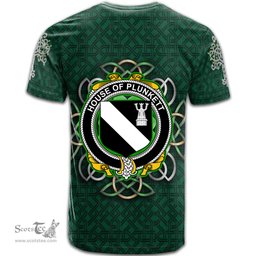 ScotsTee Shop Irish House of PLUNKETT Coat of Arms Irish Crest T Shirt Irish Shamrock with Celtic Knot T Shirt