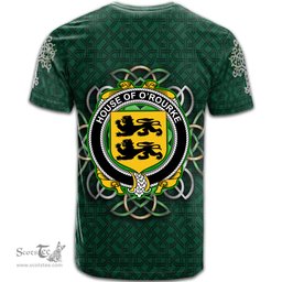 ScotsTee Shop Irish House of O ROURKE Coat of Arms Irish Crest T Shirt Irish Shamrock with Celtic Knot T Shirt