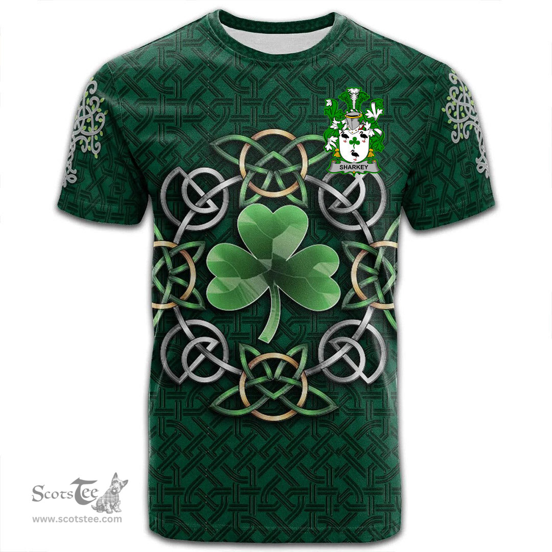 ScotsTee Shop Irish Sharkey or O Sharkey Coat of Arms Irish Crest T Shirt Irish Shamrock with Celtic Knot T Shirt