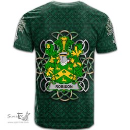 ScotsTee Shop Irish Robison or Robinson Coat of Arms Irish Crest T Shirt Irish Shamrock with Celtic Knot T Shirt