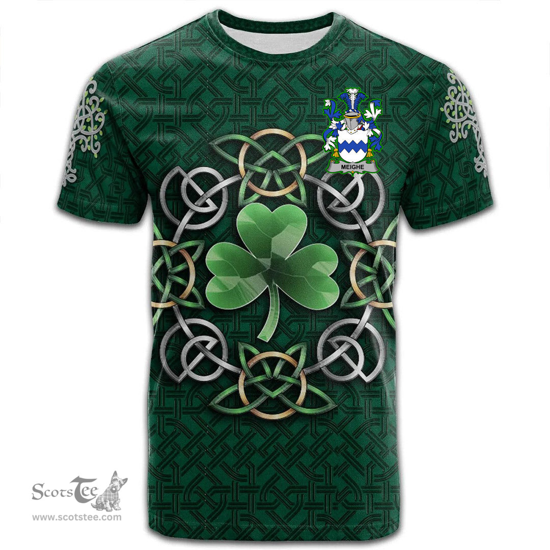 ScotsTee Shop Irish Meighe Coat of Arms Irish Crest T Shirt Irish Shamrock with Celtic Knot T Shirt