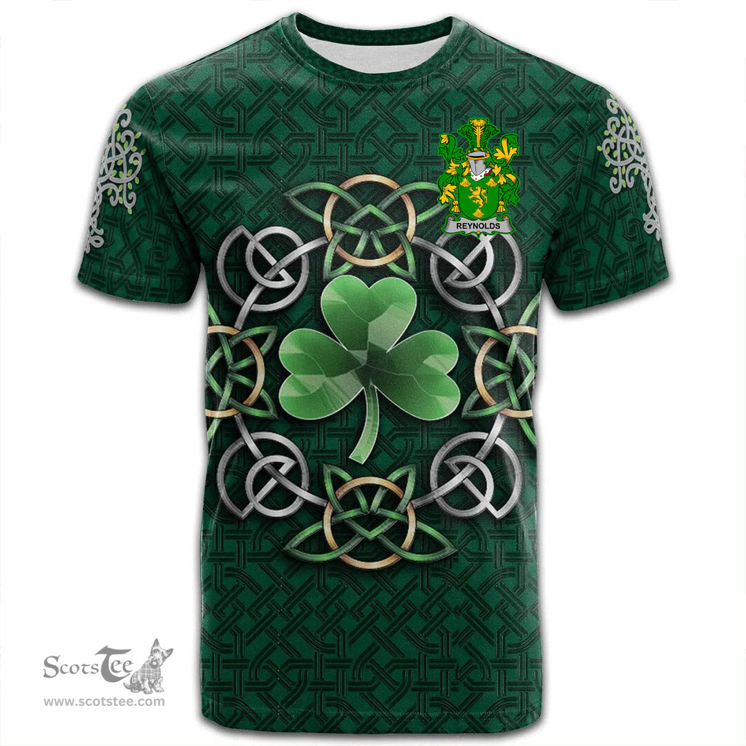 ScotsTee Shop Irish Reynolds or McRannell Coat of Arms Irish Crest T Shirt Irish Shamrock with Celtic Knot T Shirt