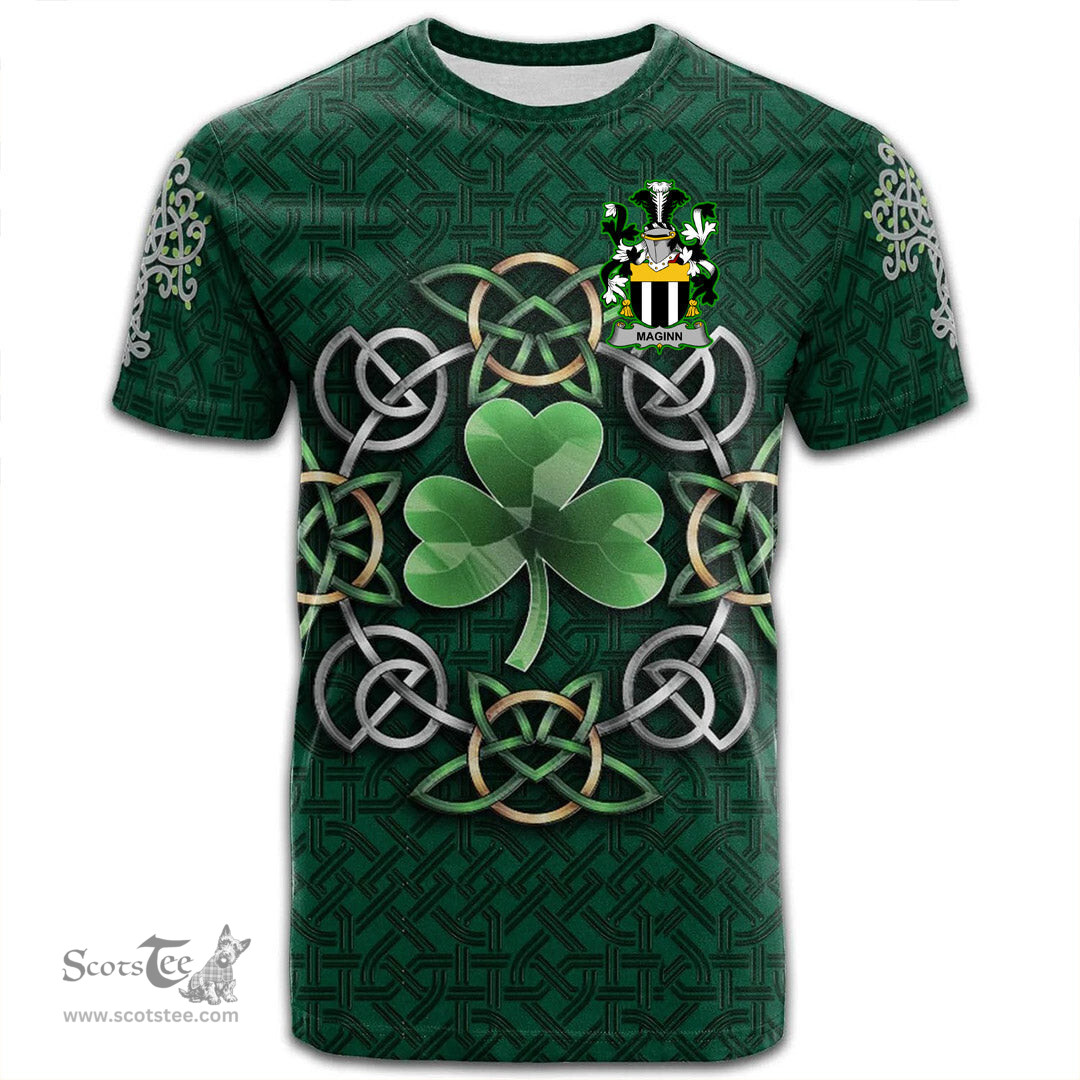 ScotsTee Shop Irish Maginn or Ginn Coat of Arms Irish Crest T Shirt Irish Shamrock with Celtic Knot T Shirt