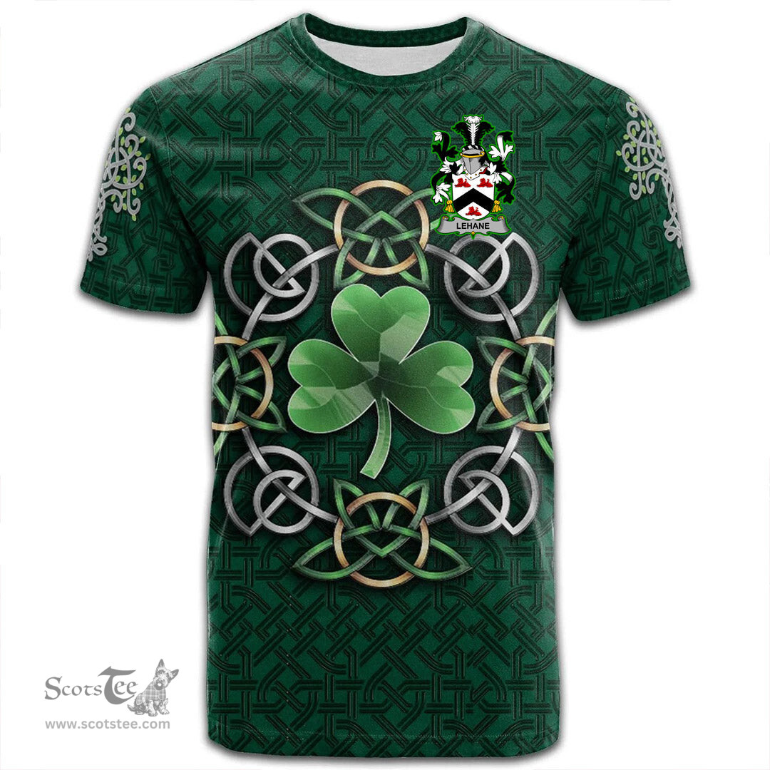 ScotsTee Shop Irish Lehane or O Lehane Coat of Arms Irish Crest T Shirt Irish Shamrock with Celtic Knot T Shirt
