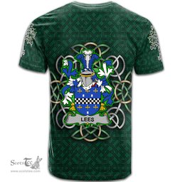 ScotsTee Shop Irish Lees or McAleese Coat of Arms Irish Crest T Shirt Irish Shamrock with Celtic Knot T Shirt