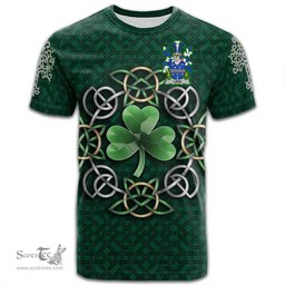ScotsTee Shop Irish Lees or McAleese Coat of Arms Irish Crest T Shirt Irish Shamrock with Celtic Knot T Shirt