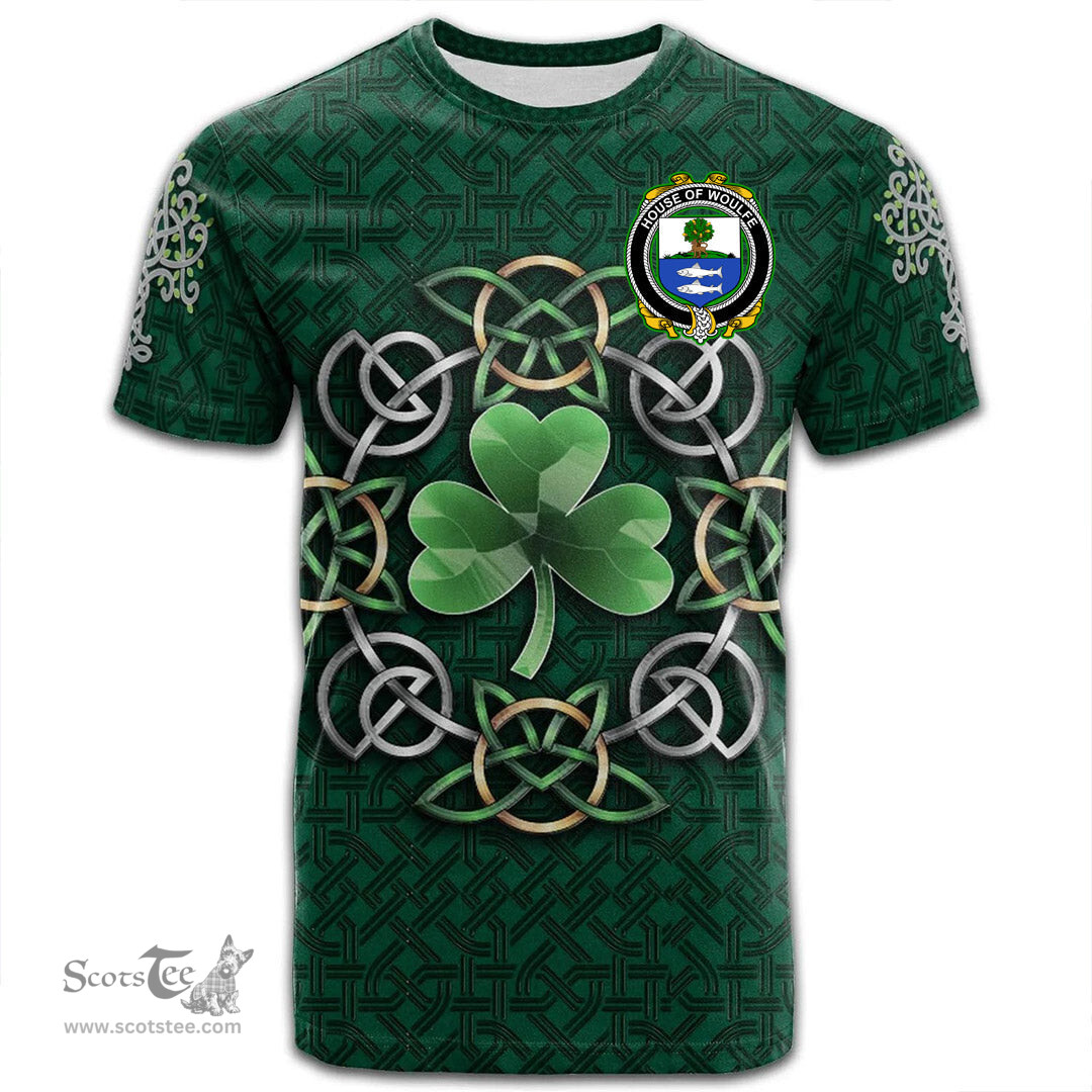ScotsTee Shop Irish House of WOULFE Coat of Arms Irish Crest T Shirt Irish Shamrock with Celtic Knot T Shirt
