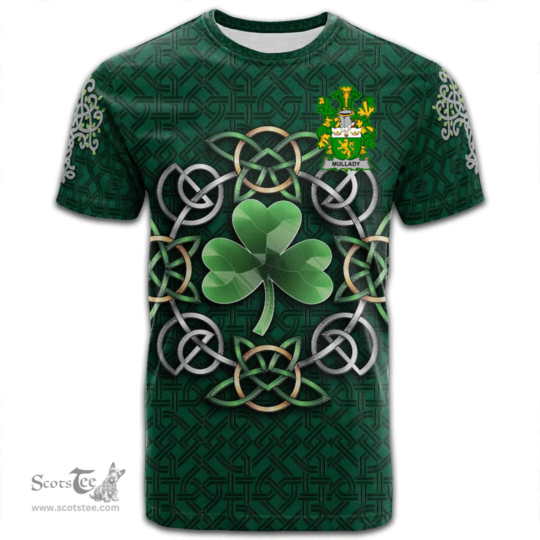 ScotsTee Shop Irish Mullady or O Mullady Coat of Arms Irish Crest T Shirt Irish Shamrock with Celtic Knot T Shirt