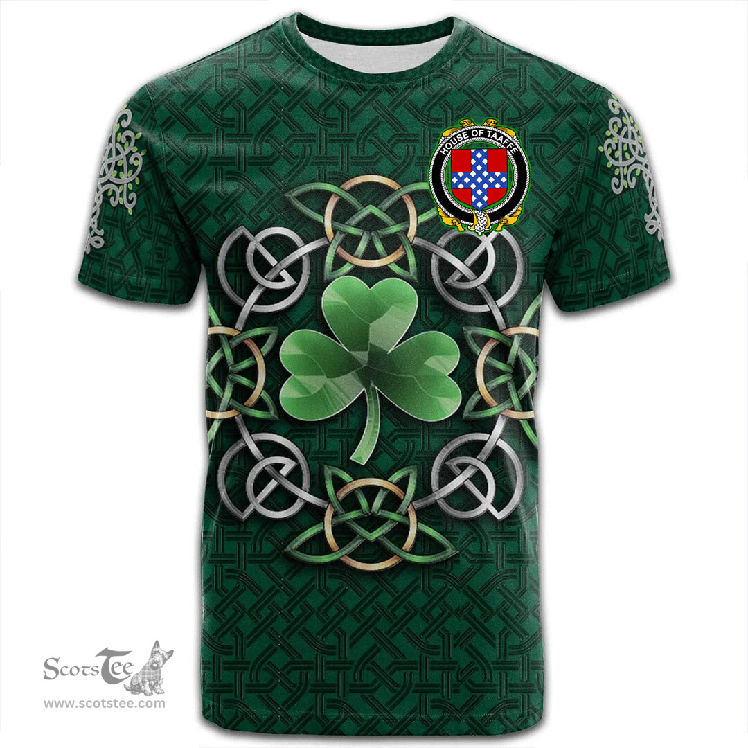 ScotsTee Shop Irish House of TAAFFE Coat of Arms Irish Crest T Shirt Irish Shamrock with Celtic Knot T Shirt