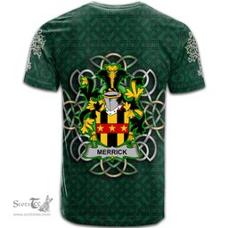 ScotsTee Shop Irish Merrick or Meyrick Coat of Arms Irish Crest T Shirt Irish Shamrock with Celtic Knot T Shirt