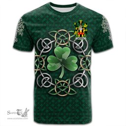 ScotsTee Shop Irish Merrick or Meyrick Coat of Arms Irish Crest T Shirt Irish Shamrock with Celtic Knot T Shirt