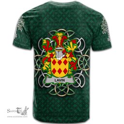 ScotsTee Shop Irish Lavin or O Lavin Coat of Arms Irish Crest T Shirt Irish Shamrock with Celtic Knot T Shirt