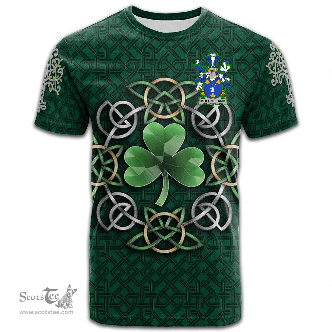ScotsTee Shop Irish Mulholland Coat of Arms Irish Crest T Shirt Irish Shamrock with Celtic Knot T Shirt