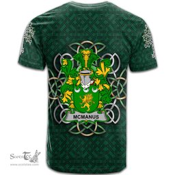 ScotsTee Shop Irish McManus Coat of Arms Irish Crest T Shirt Irish Shamrock with Celtic Knot T Shirt