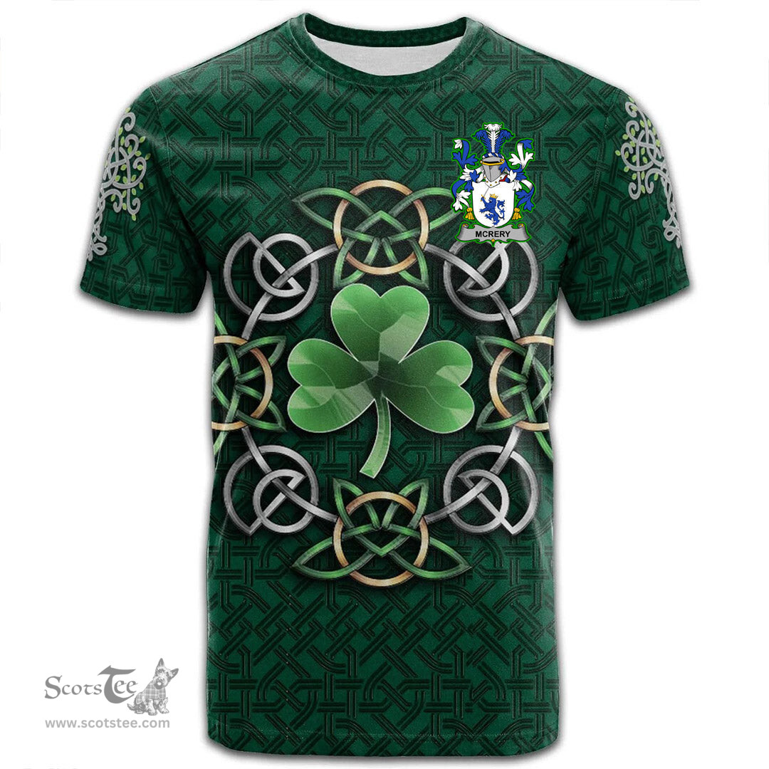 ScotsTee Shop Irish McRery or McCrery Coat of Arms Irish Crest T Shirt Irish Shamrock with Celtic Knot T Shirt