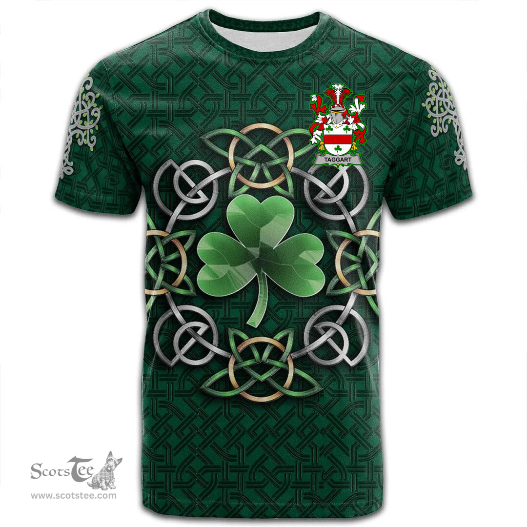 ScotsTee Shop Irish Taggart or McEntaggart Coat of Arms Irish Crest T Shirt Irish Shamrock with Celtic Knot T Shirt