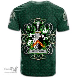 ScotsTee Shop Irish McWorth or MacWorth Coat of Arms Irish Crest T Shirt Irish Shamrock with Celtic Knot T Shirt