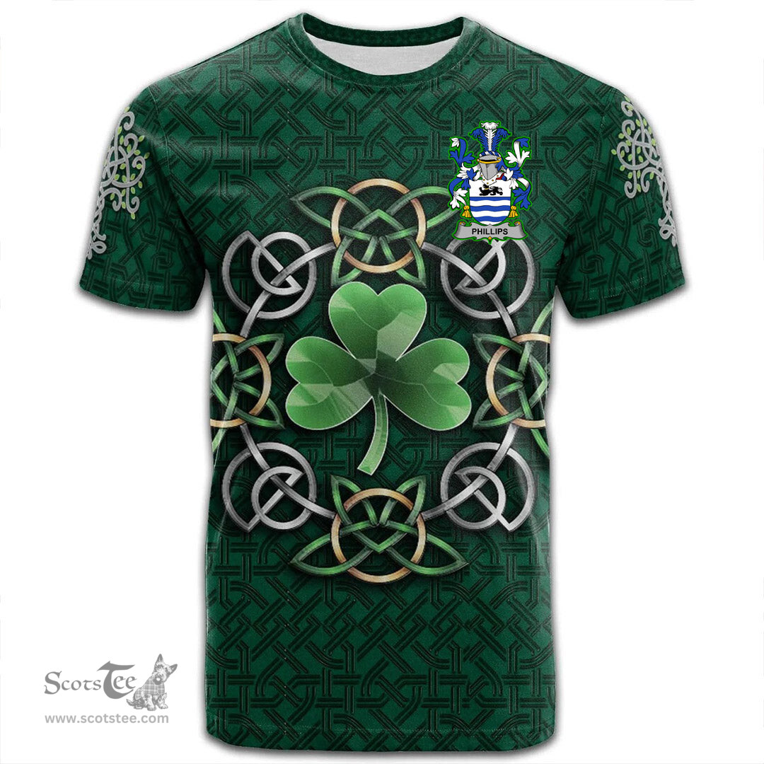 ScotsTee Shop Irish Phillips Coat of Arms Irish Crest T Shirt Irish Shamrock with Celtic Knot T Shirt