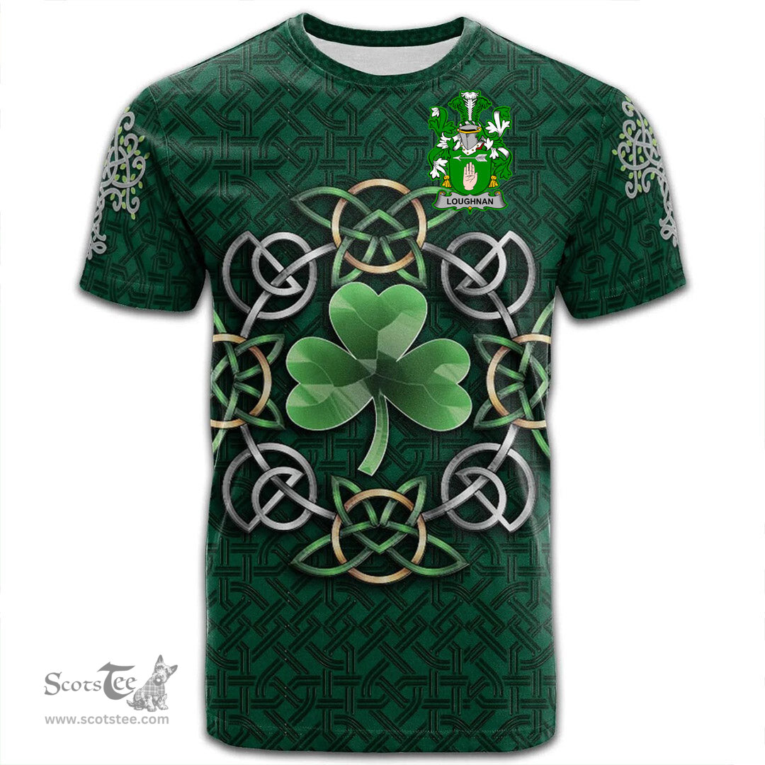 ScotsTee Shop Irish Loughnan or O Loughnan Coat of Arms Irish Crest T Shirt Irish Shamrock with Celtic Knot T Shirt