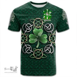 ScotsTee Shop Irish Loughnan or O Loughnan Coat of Arms Irish Crest T Shirt Irish Shamrock with Celtic Knot T Shirt