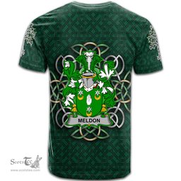 ScotsTee Shop Irish Meldon or Muldoon Coat of Arms Irish Crest T Shirt Irish Shamrock with Celtic Knot T Shirt