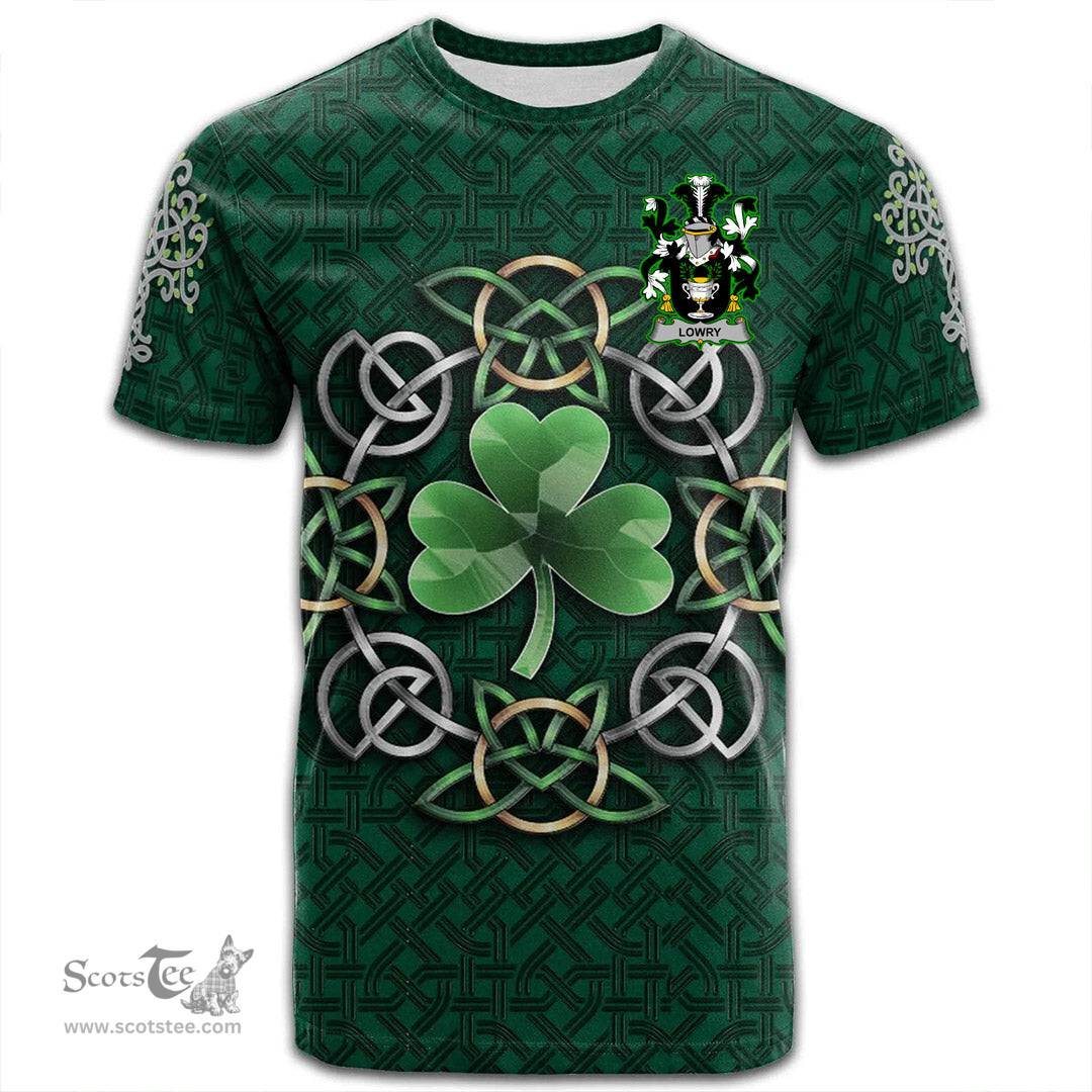 ScotsTee Shop Irish Lowry or Lavery Coat of Arms Irish Crest T Shirt Irish Shamrock with Celtic Knot T Shirt