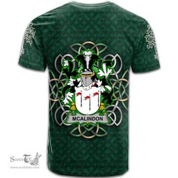 ScotsTee Shop Irish McAlindon or McAlindem Coat of Arms Irish Crest T Shirt Irish Shamrock with Celtic Knot T Shirt