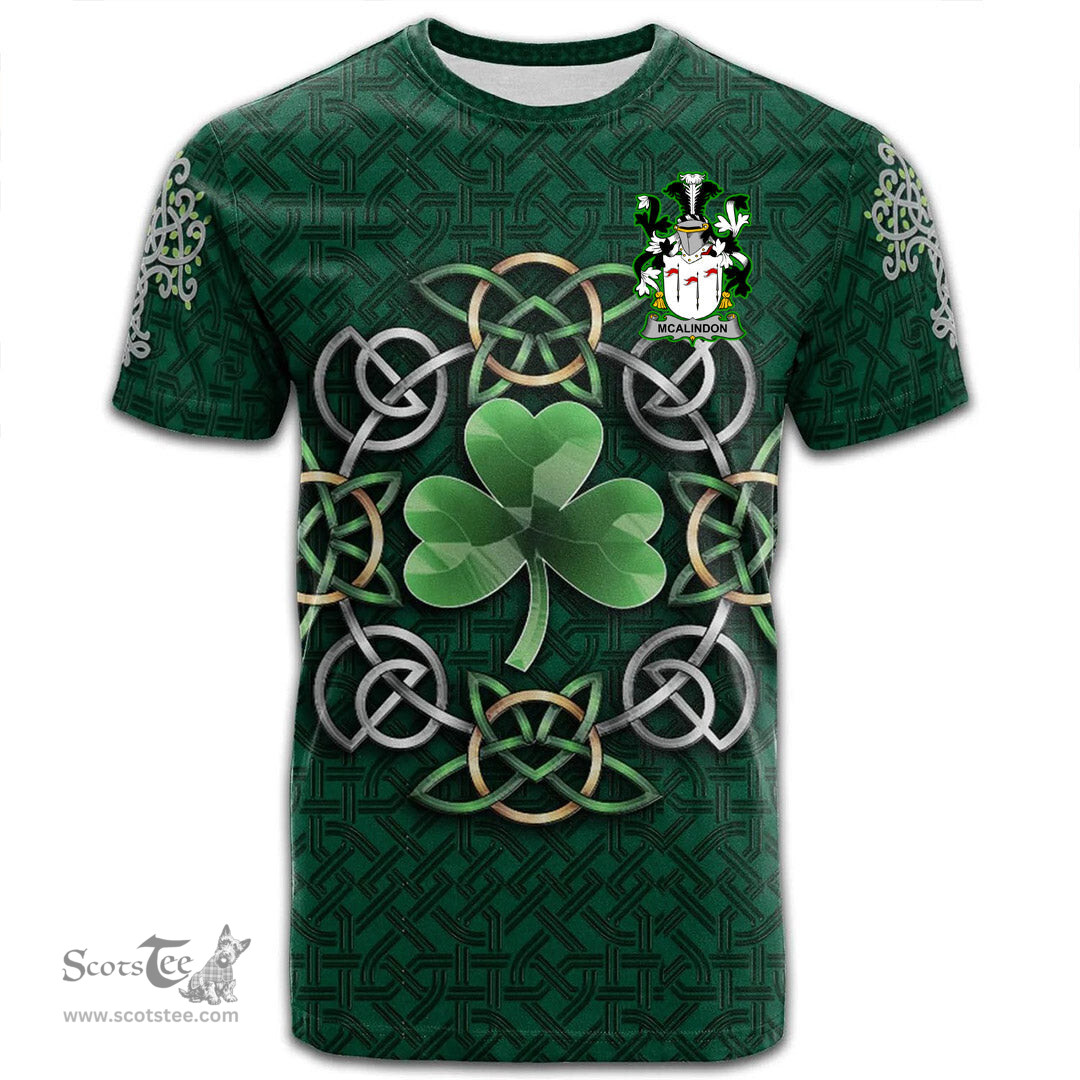ScotsTee Shop Irish McAlindon or McAlindem Coat of Arms Irish Crest T Shirt Irish Shamrock with Celtic Knot T Shirt