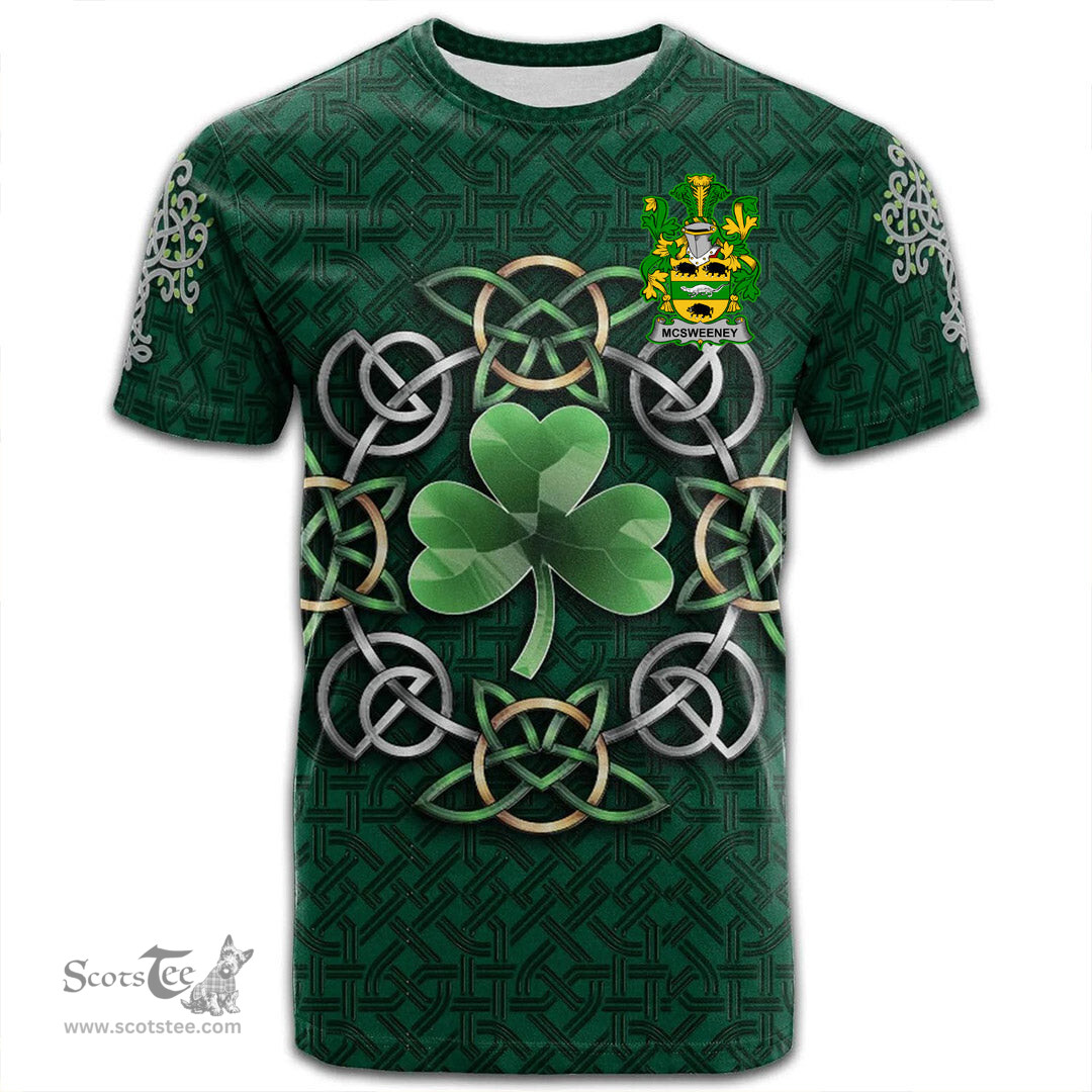 ScotsTee Shop Irish McSweeney Coat of Arms Irish Crest T Shirt Irish Shamrock with Celtic Knot T Shirt
