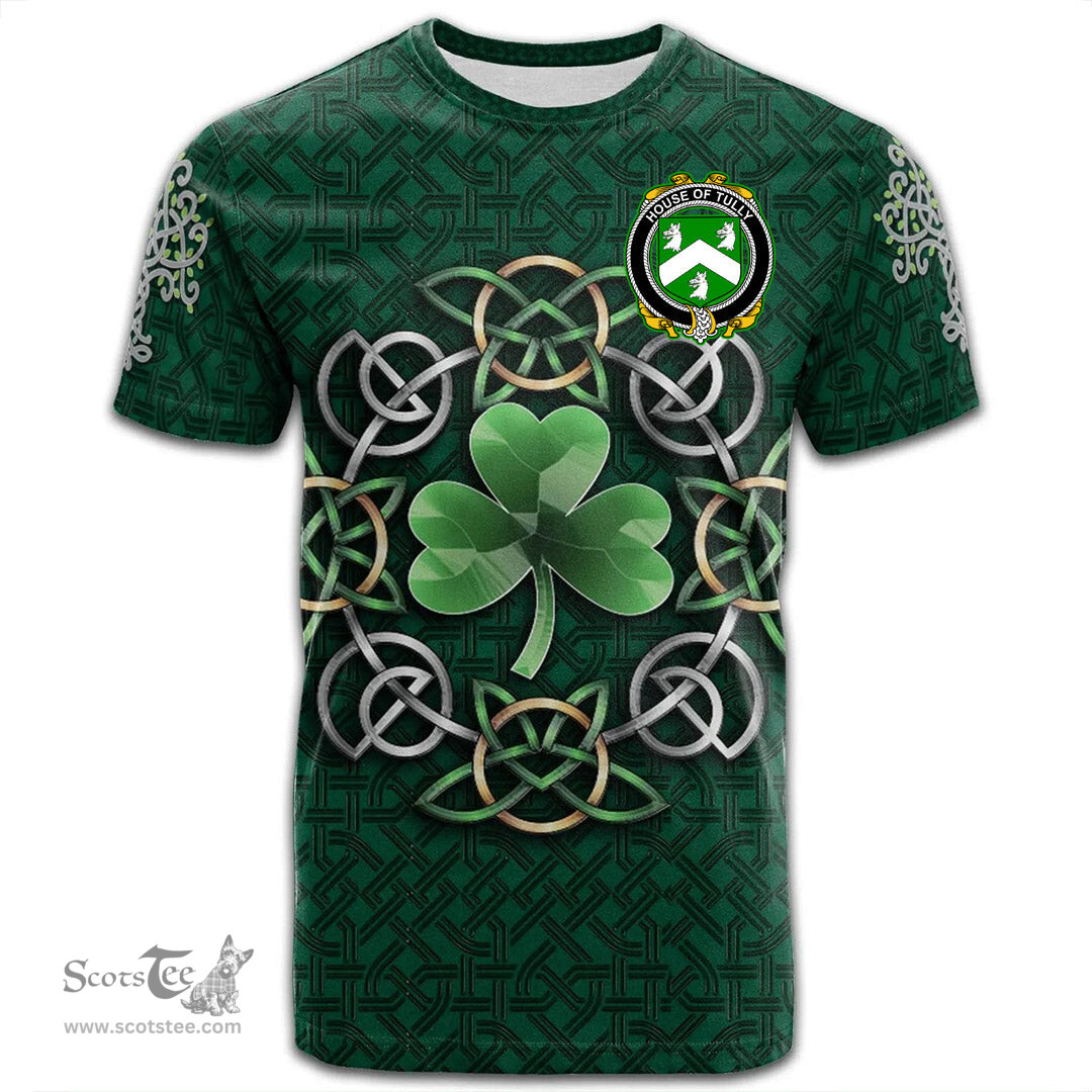 ScotsTee Shop Irish House of TULLY MACATILLA Coat of Arms Irish Crest T Shirt Irish Shamrock with Celtic Knot T Shirt
