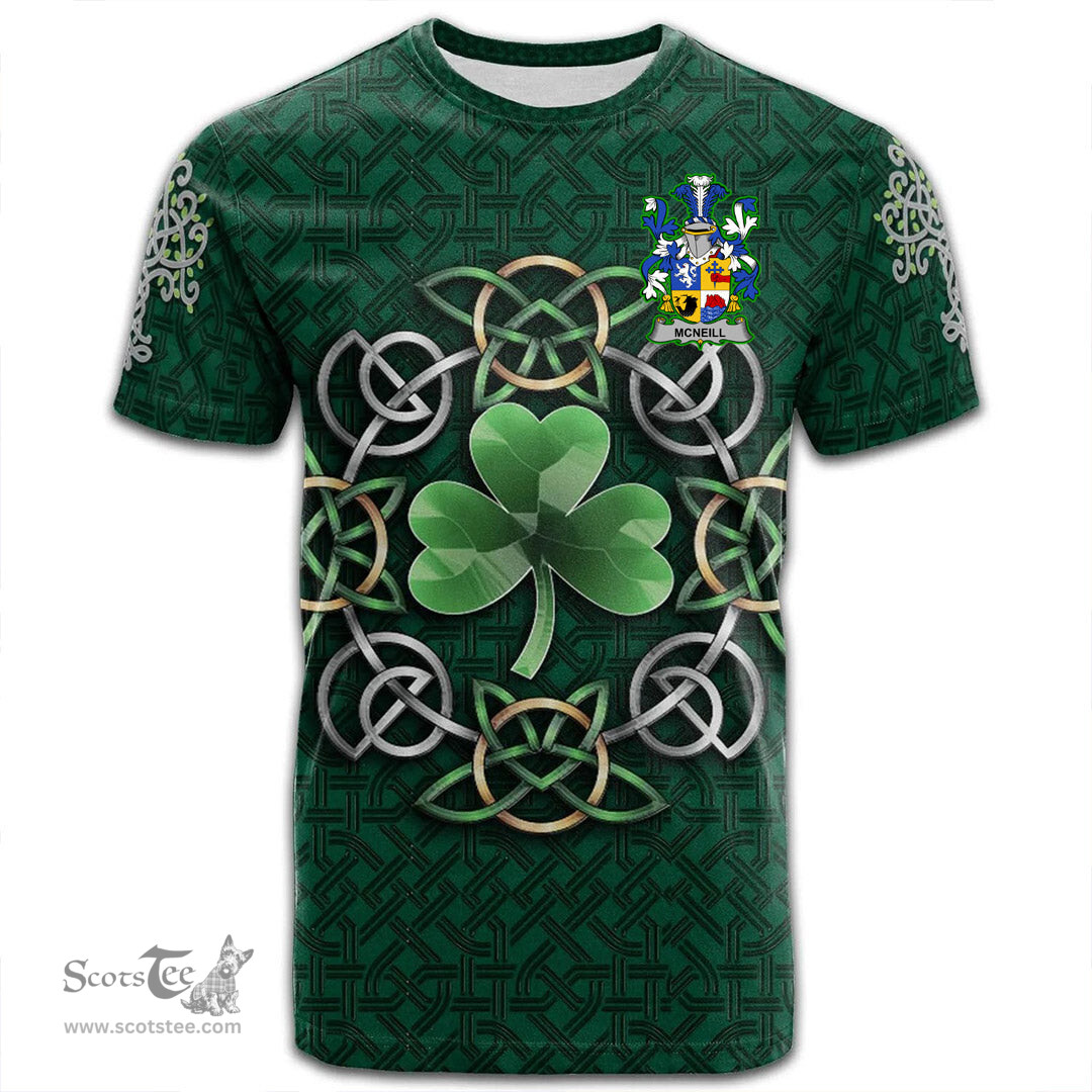 ScotsTee Shop Irish Neill or McNeill Coat of Arms Irish Crest T Shirt Irish Shamrock with Celtic Knot T Shirt