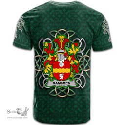 ScotsTee Shop Irish Ramsden Coat of Arms Irish Crest T Shirt Irish Shamrock with Celtic Knot T Shirt