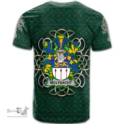 ScotsTee Shop Irish McLysacht or Lysacht Coat of Arms Irish Crest T Shirt Irish Shamrock with Celtic Knot T Shirt