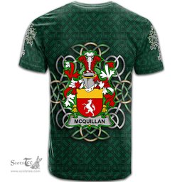 ScotsTee Shop Irish Quillan or McQuillan Coat of Arms Irish Crest T Shirt Irish Shamrock with Celtic Knot T Shirt