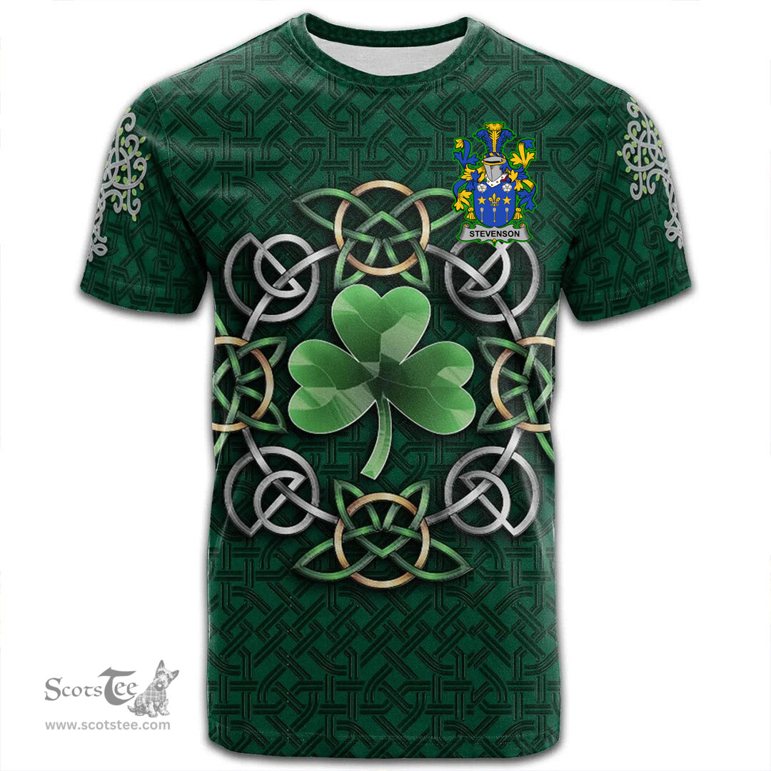ScotsTee Shop Irish Stevenson Coat of Arms Irish Crest T Shirt Irish Shamrock with Celtic Knot T Shirt