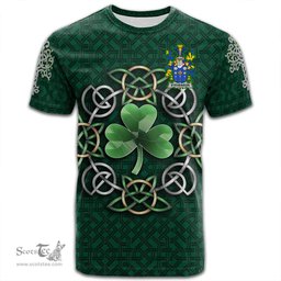 ScotsTee Shop Irish Stevenson Coat of Arms Irish Crest T Shirt Irish Shamrock with Celtic Knot T Shirt