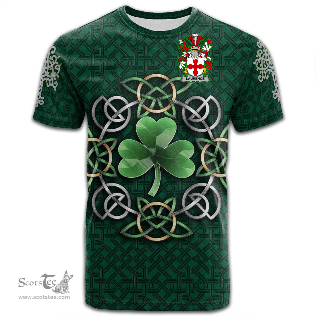 ScotsTee Shop Irish Laurence Coat of Arms Irish Crest T Shirt Irish Shamrock with Celtic Knot T Shirt
