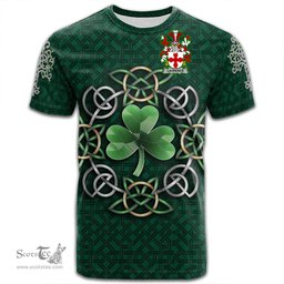 ScotsTee Shop Irish Laurence Coat of Arms Irish Crest T Shirt Irish Shamrock with Celtic Knot T Shirt