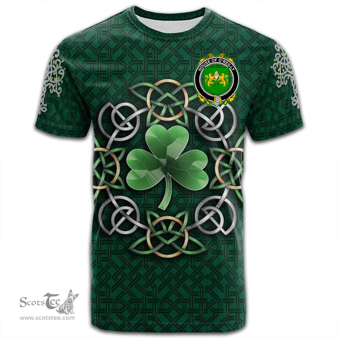 ScotsTee Shop Irish House of O REILLY Coat of Arms Irish Crest T Shirt Irish Shamrock with Celtic Knot T Shirt