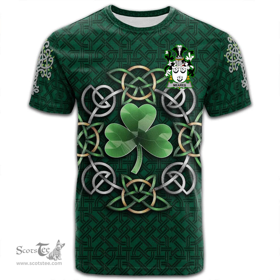 ScotsTee Shop Irish Meares Coat of Arms Irish Crest T Shirt Irish Shamrock with Celtic Knot T Shirt