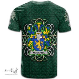 ScotsTee Shop Irish McDaniel or Daniel Coat of Arms Irish Crest T Shirt Irish Shamrock with Celtic Knot T Shirt