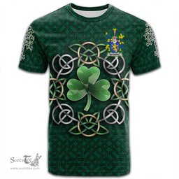 ScotsTee Shop Irish McDaniel or Daniel Coat of Arms Irish Crest T Shirt Irish Shamrock with Celtic Knot T Shirt