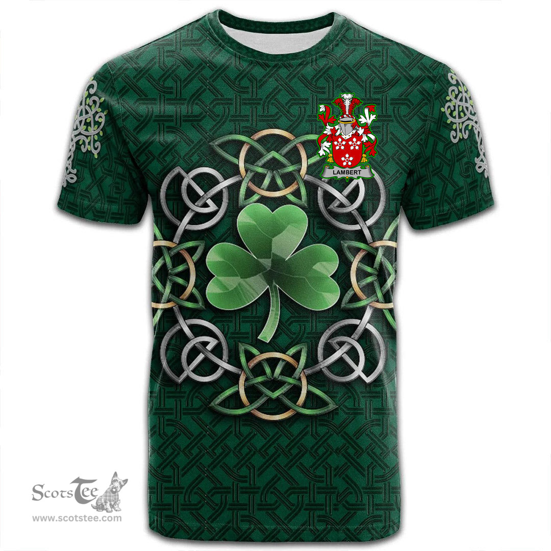 ScotsTee Shop Irish Lambert Coat of Arms Irish Crest T Shirt Irish Shamrock with Celtic Knot T Shirt