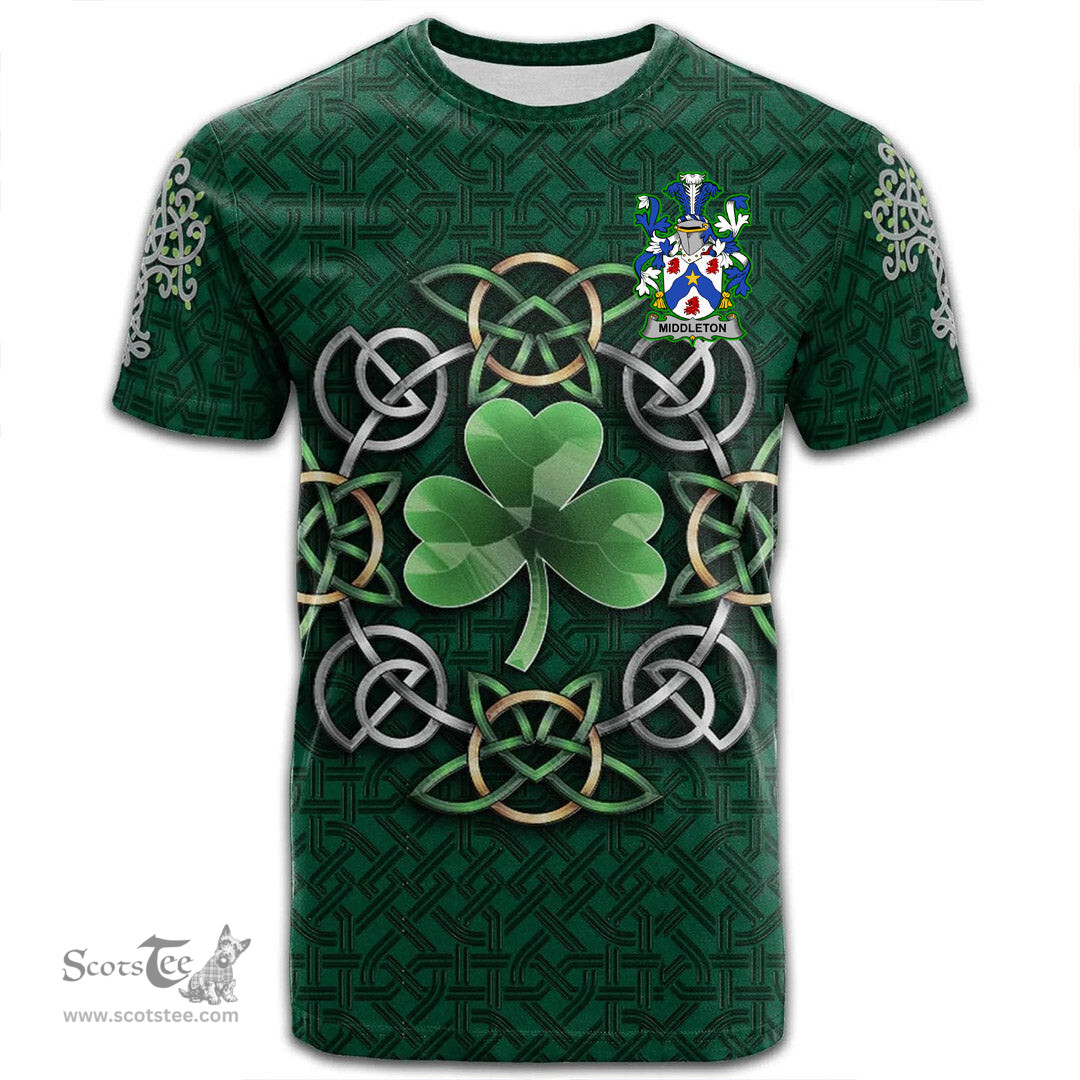 ScotsTee Shop Irish Middleton Coat of Arms Irish Crest T Shirt Irish Shamrock with Celtic Knot T Shirt