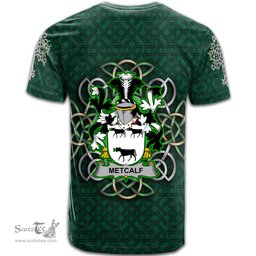 ScotsTee Shop Irish Metcalf or Metcalfe Coat of Arms Irish Crest T Shirt Irish Shamrock with Celtic Knot T Shirt