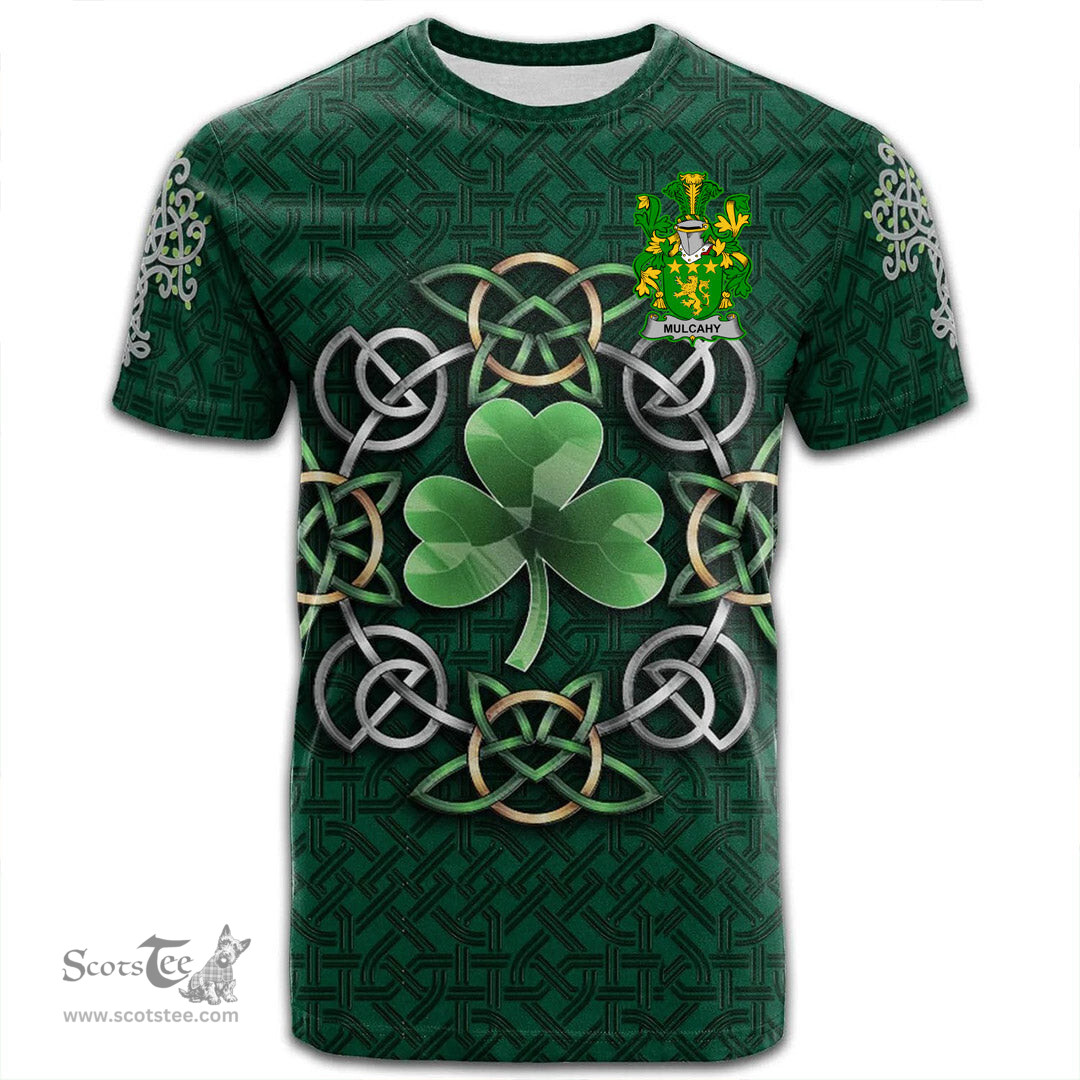ScotsTee Shop Irish Mulcahy or O Mulcahy Coat of Arms Irish Crest T Shirt Irish Shamrock with Celtic Knot T Shirt