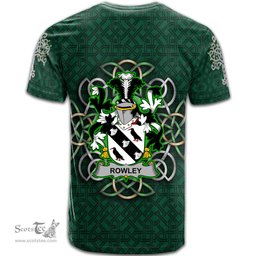 ScotsTee Shop Irish Rowley or O Rowley Coat of Arms Irish Crest T Shirt Irish Shamrock with Celtic Knot T Shirt