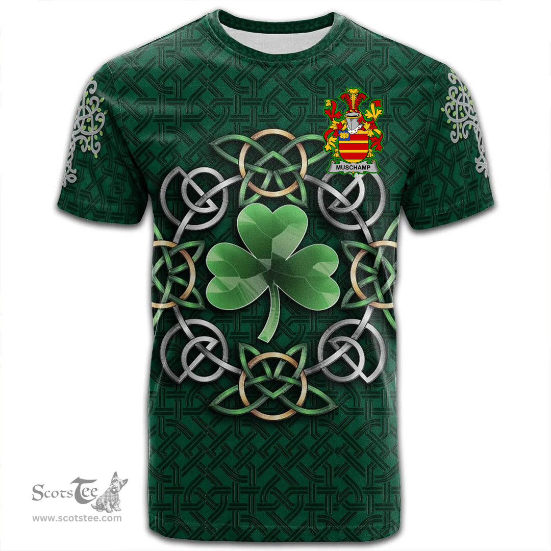 ScotsTee Shop Irish Muschamp Coat of Arms Irish Crest T Shirt Irish Shamrock with Celtic Knot T Shirt
