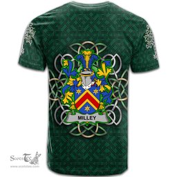 ScotsTee Shop Irish Milley or O Millea Coat of Arms Irish Crest T Shirt Irish Shamrock with Celtic Knot T Shirt